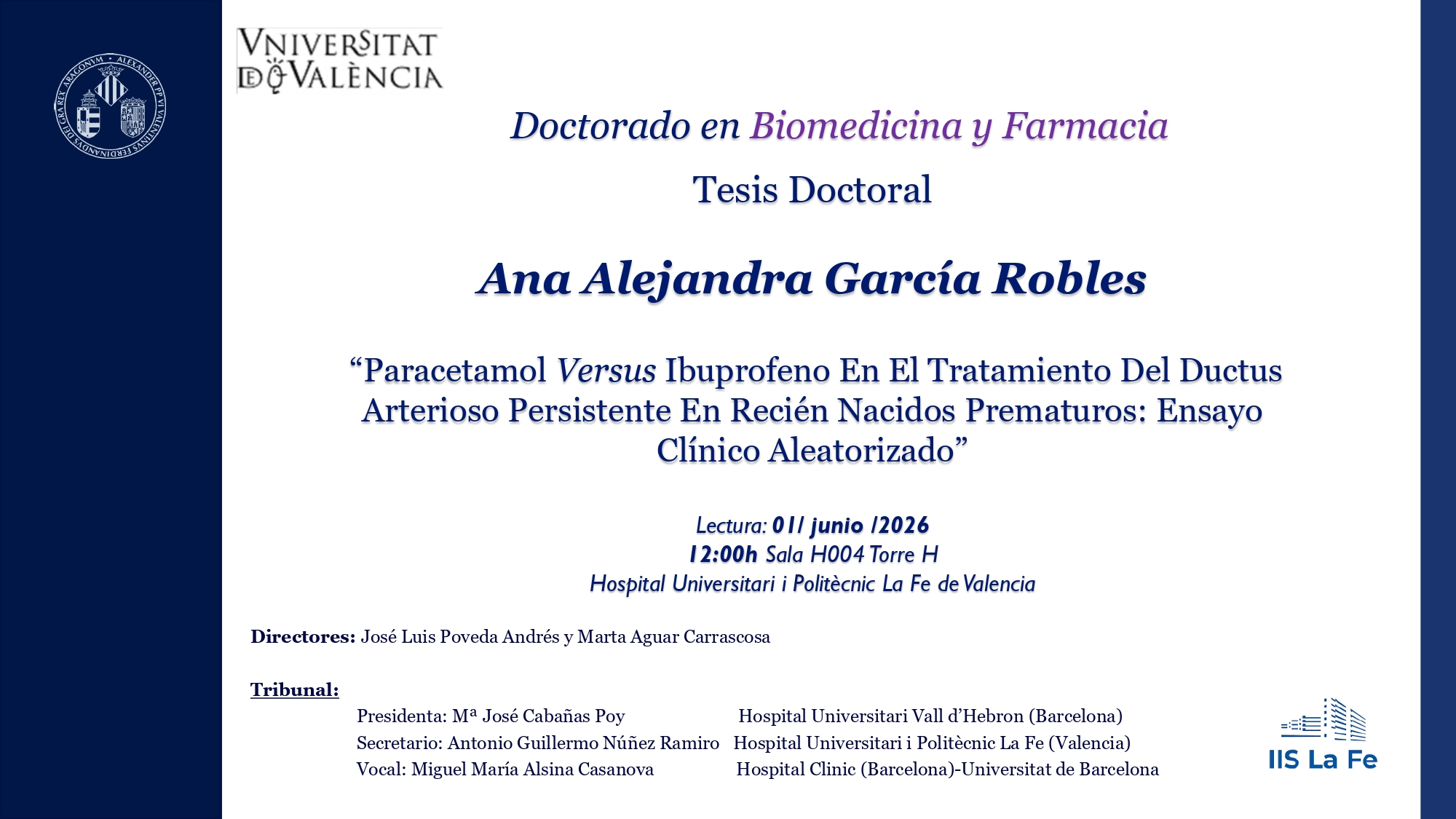 Poster with the name of the doctoral student, title of the thesis, place of the defense, and members of the committee